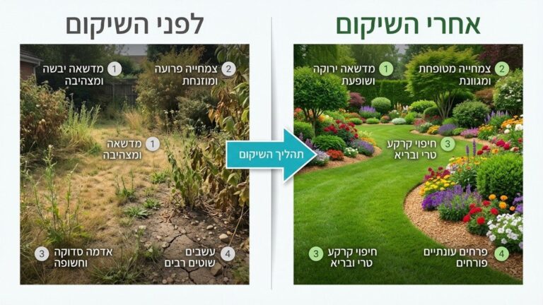 גינה פרטית לפני ואחרי תהליך שיקום ושדרוג, המציגה דשא ירוק וצמחייה מטופחת