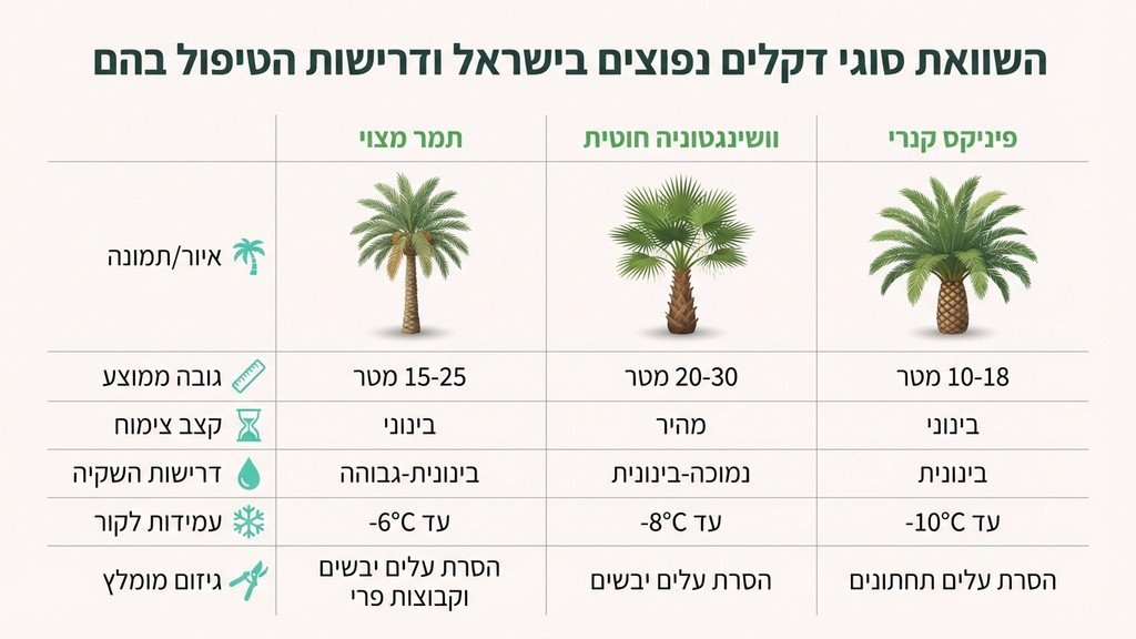 עצי דקל מסוגים שונים בגינה מטופחת
