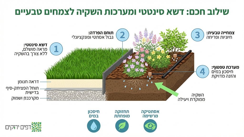 נוצר על ידי מודל בינה מלאכותית Gemini Pro מערכת השקיה לגינה סביב דשא סינטטי