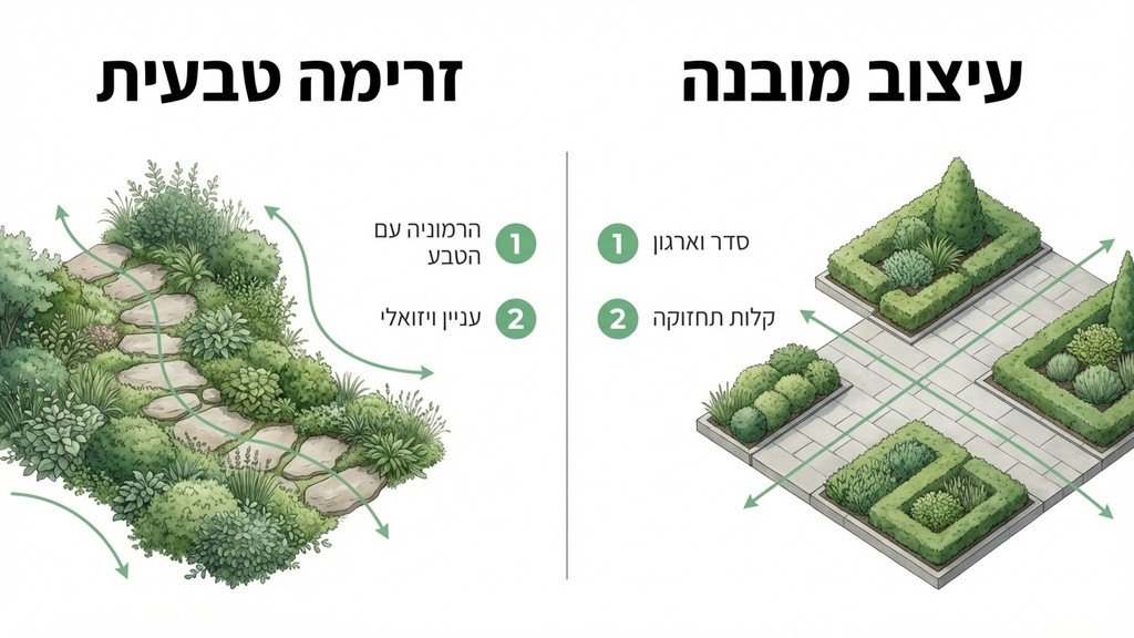 שביל אבני מדרך מתפתל בתוך גינה כפרית עשירה