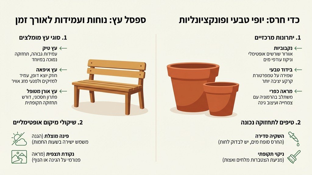 ספסל עץ ישן וכדי חרס בגינה כפרית