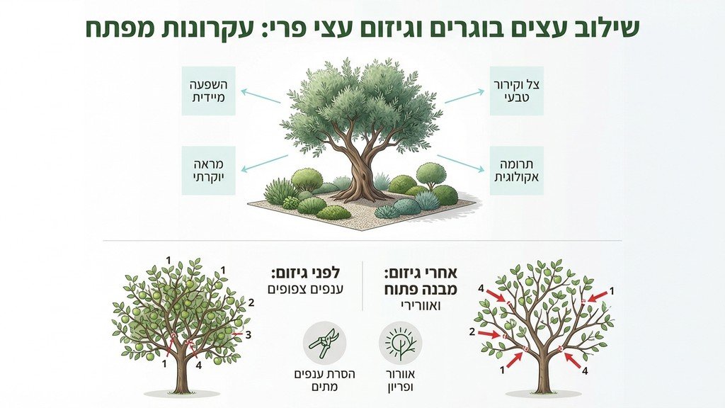 עץ זית בוגר ופיסולי במרכז גינה מעוצבת