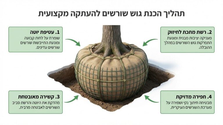 הכנת גוש השורשים לקראת העתקת עץ