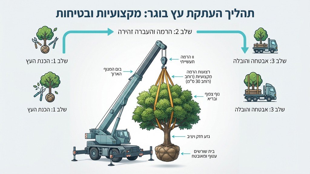 מנוף מרים עץ בוגר במהלך שירות העתקת עצים