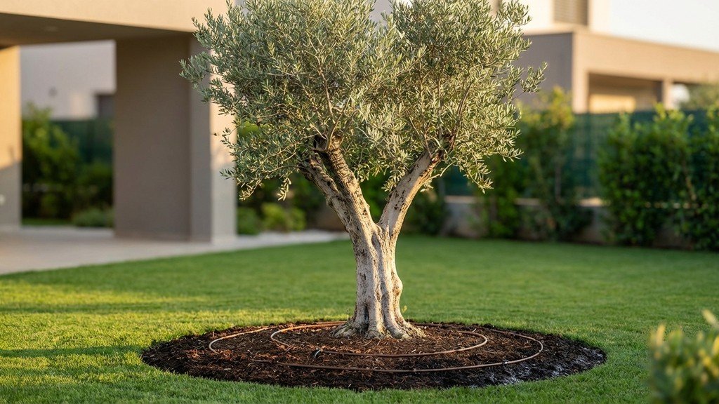 עץ זית בוגר שניטע מחדש בגינה מטופחת עם מערכת השקיה