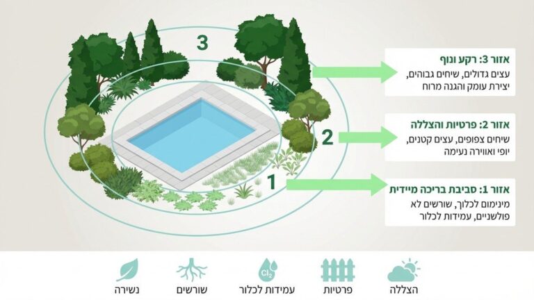גינה מעוצבת עם בריכה וצמחייה טרופית לא נשירה