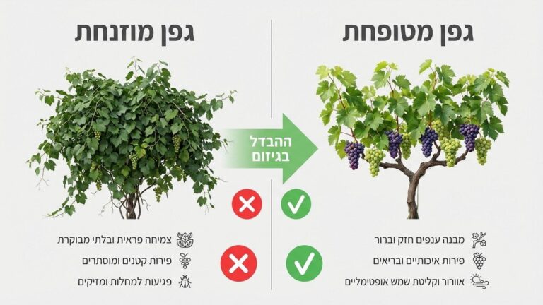 השוואה בין גפן לפני ואחרי גיזום מקצועי המציג את עיצוב השלד