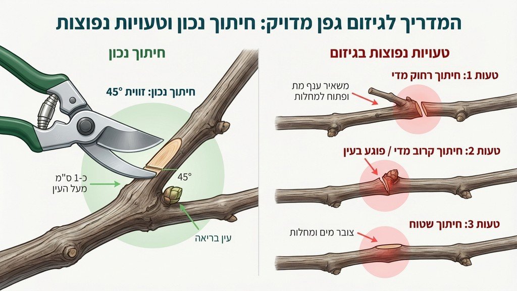 חיתוך נכון של זמורת גפן בזווית מדויקת באמצעות מזמרה מקצועית