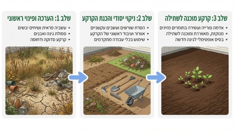 תהליך ניקוי ושיקום של חצר מוזנחת לקראת שתילה מחדש