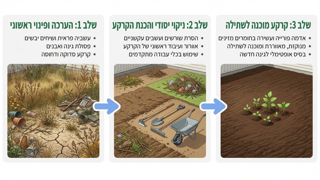 תהליך ניקוי ושיקום של חצר מוזנחת לקראת שתילה מחדש