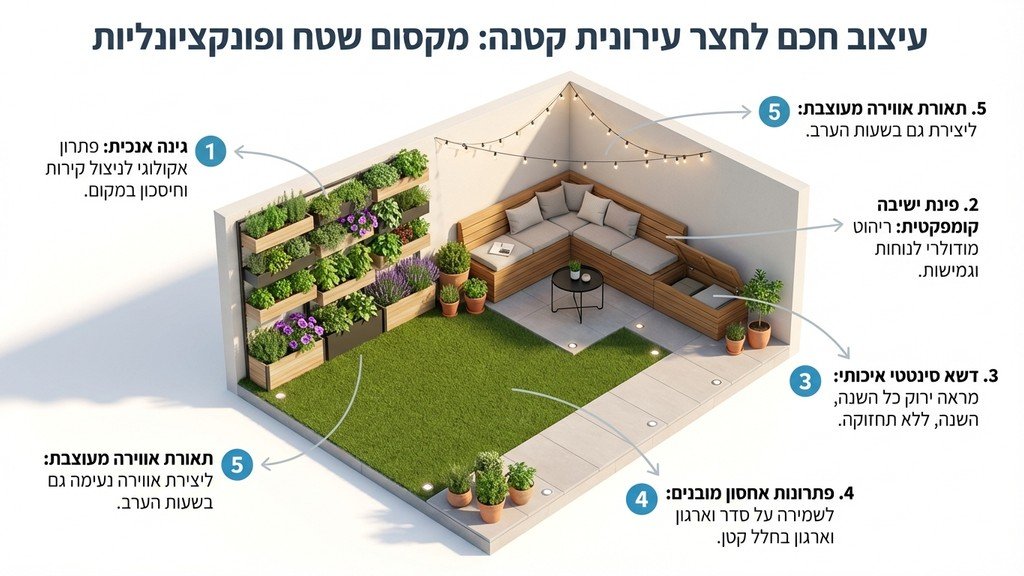 עיצוב חכם וחסכוני במקום לחצר מצומצמת עם גינון אנכי