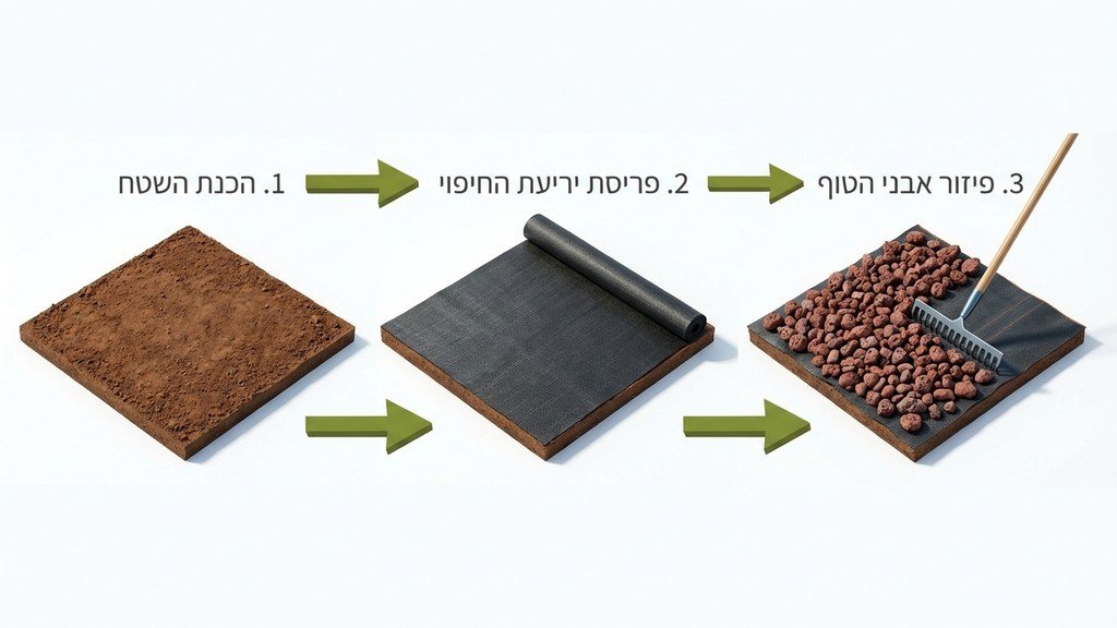שלבי ביצוע מקצועיים של הנחת יריעה ופיזור אבני טוף