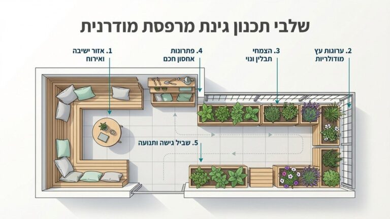 תכנון ושרטוט של בניית גינה במרפסת עם אדניות עץ