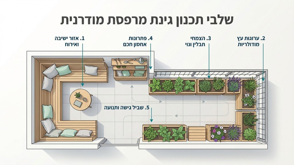 תכנון ושרטוט של בניית גינה במרפסת עם אדניות עץ